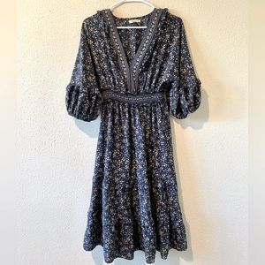 Fall Floral Navy Blue Ruffle Dress with Puffed Sleeves